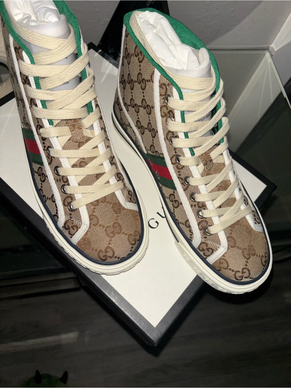Gucci Brown GG Canvas High-Top Sneakers with Green and Red Web Stripe